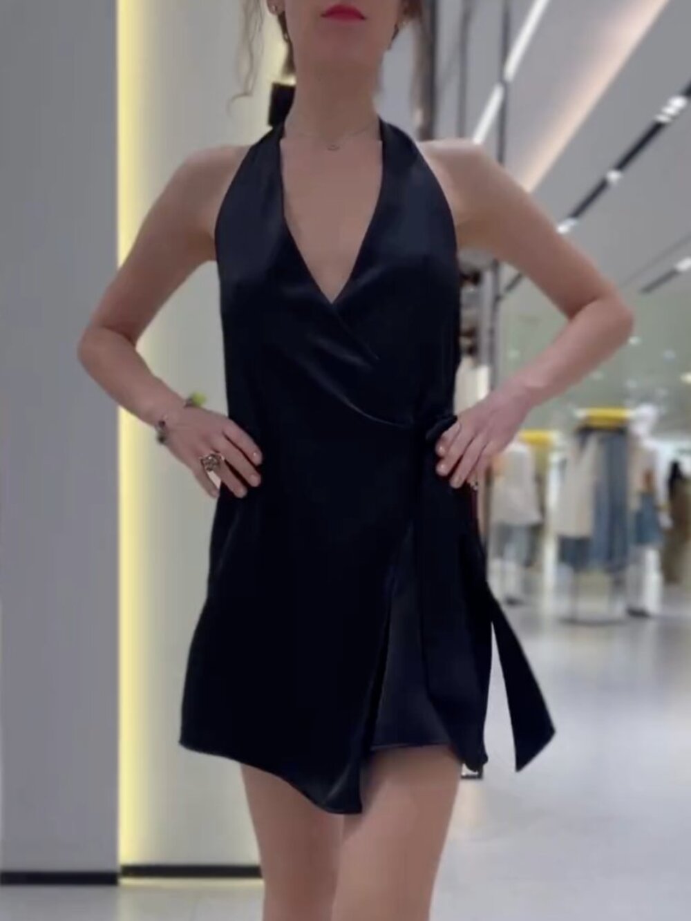 Zara Black Satin Halter Wrap Mini Dress NWT S